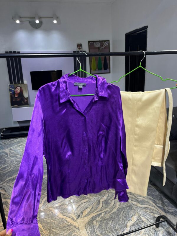 Purple silk shirt and silk milk colour pant with belt - Image 3